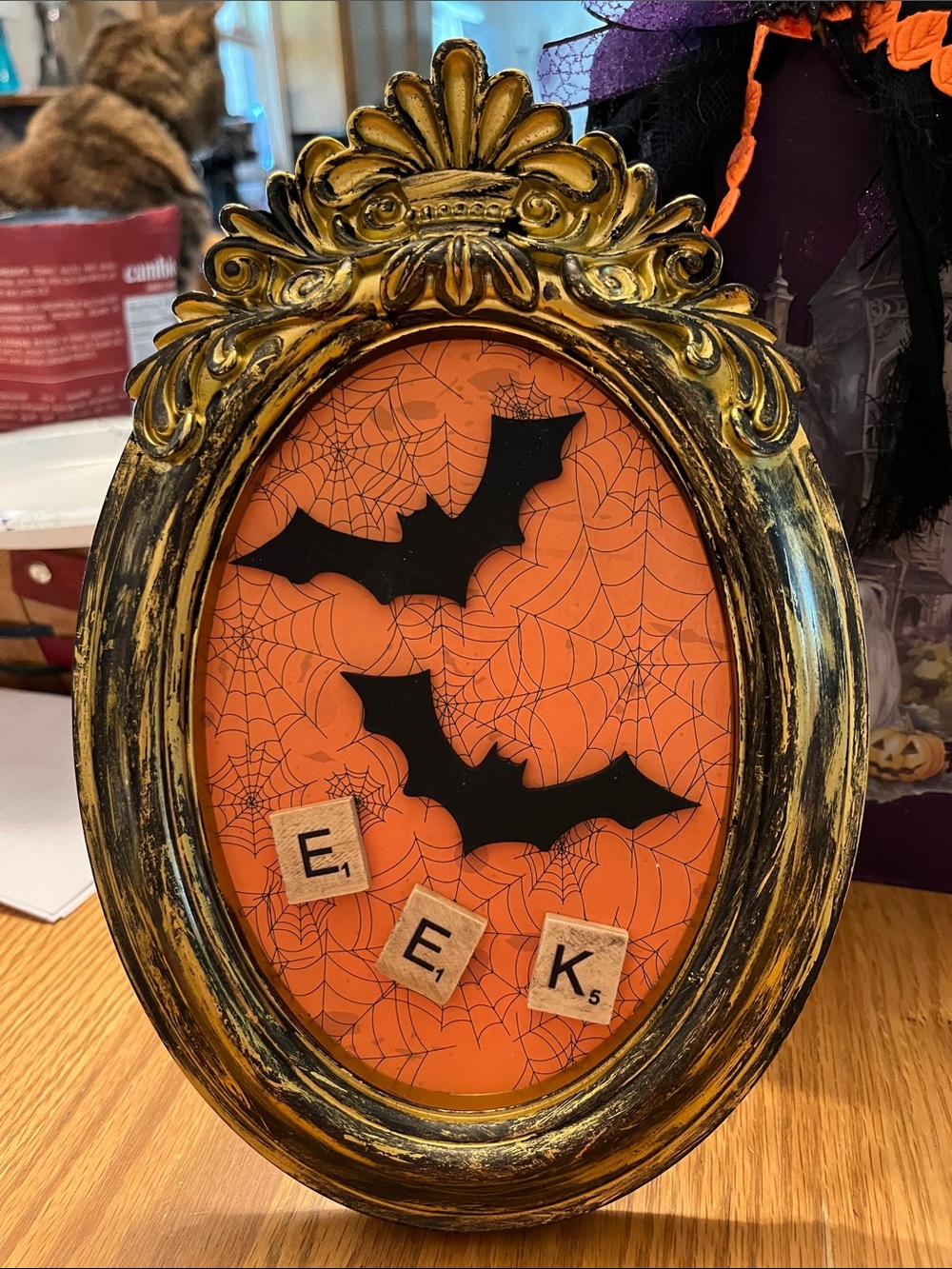 Gold-Tone Ornate Halloween Frame with Orange Bat Insert